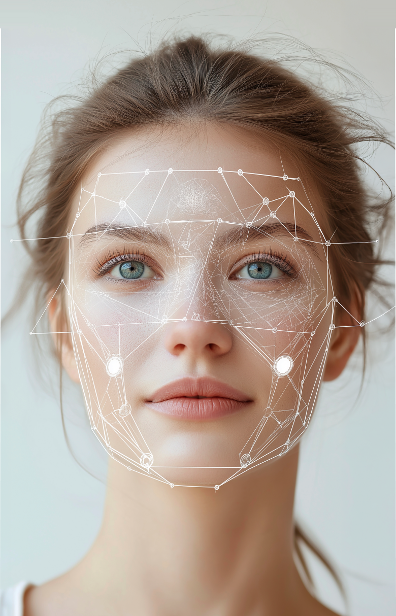 Woman’s face being scanned by the Skineya skin analysis